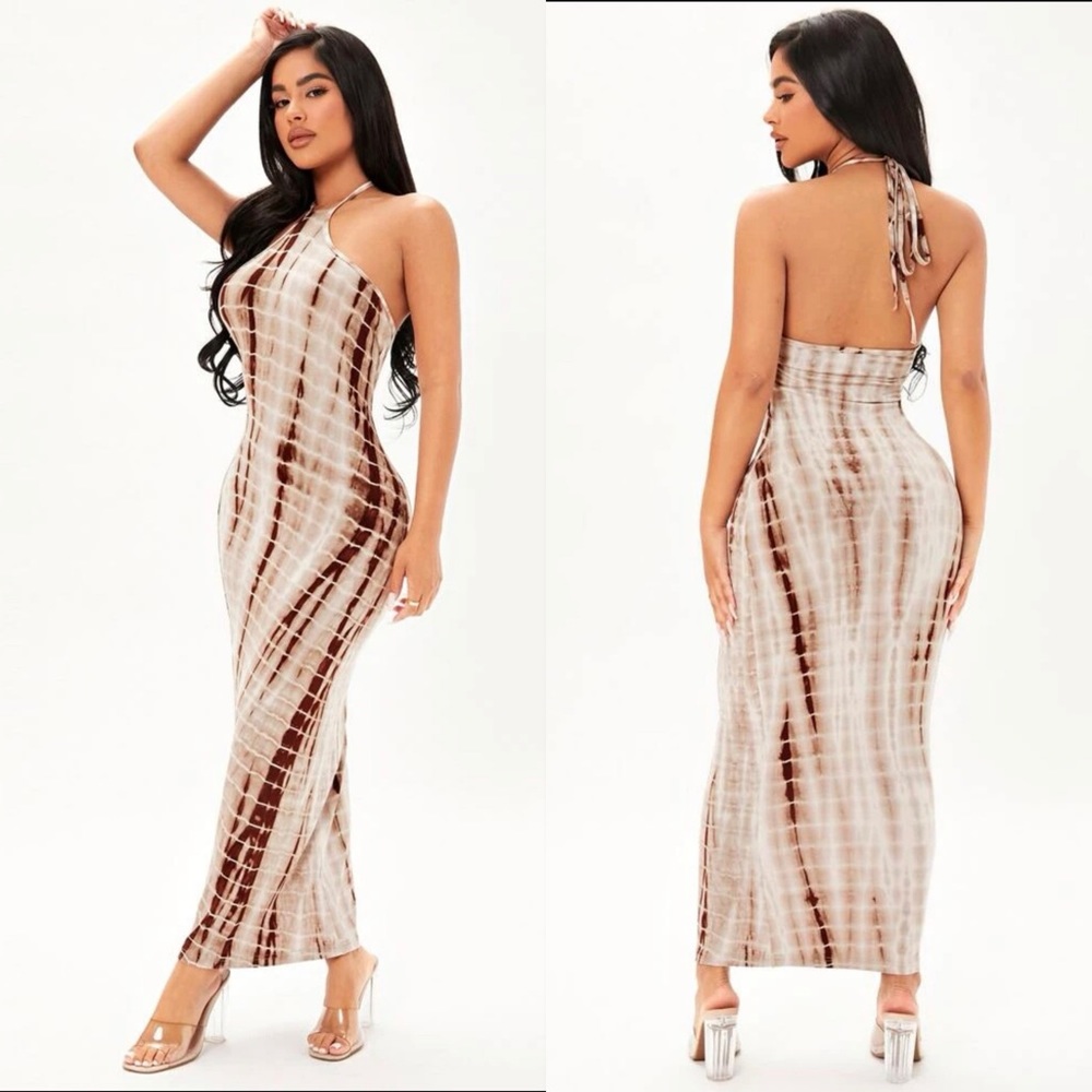Elegant Brown Tie-Dye Halter Maxi Dress
